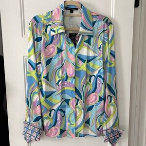 Boston Proper Pastel Swirl Button-Down Shirt in Blue, Pink & Lime